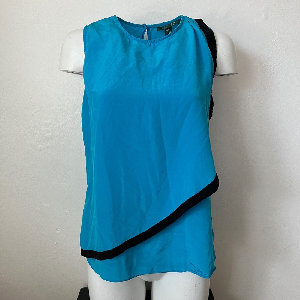 Lauren Ralph Lauren 100% Silk Asymmetrical Draped Sleeveless Top Blue Size 10